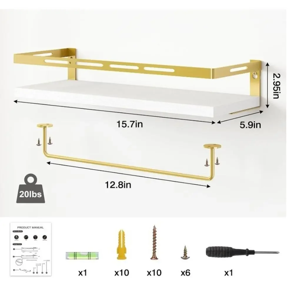 YGEOMER Floating Shelves White Gold Bathroom Wall Shelf w/ Towel Bar